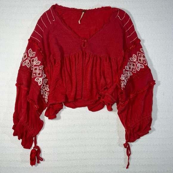 Free People Embroidered Top Boho Peasant Blouse Womens M Balloon Sleeve - Picture 3 of 10